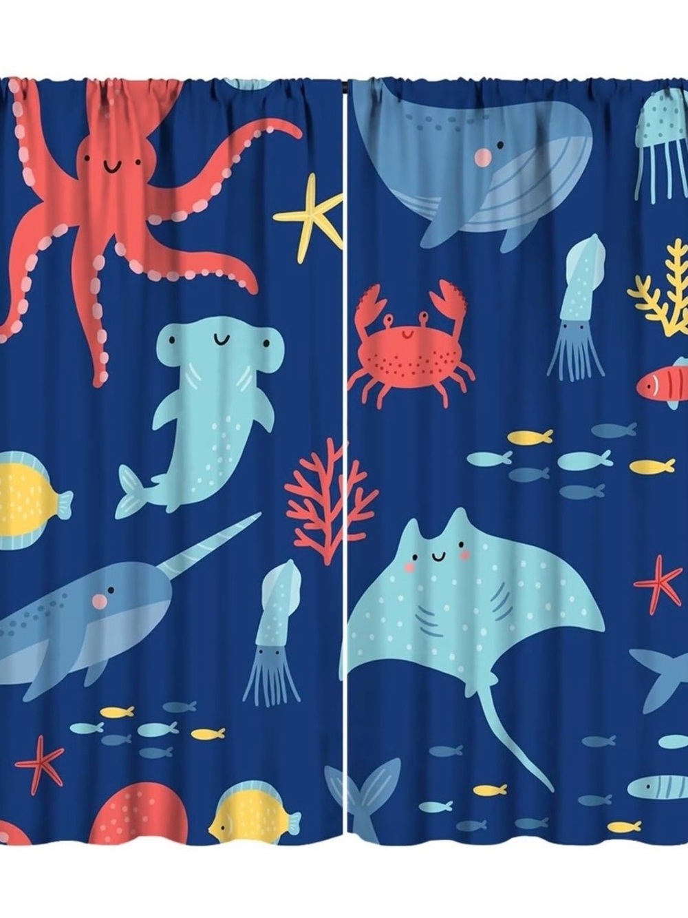 Kids Ocean Creature Curtain - Navy Blue